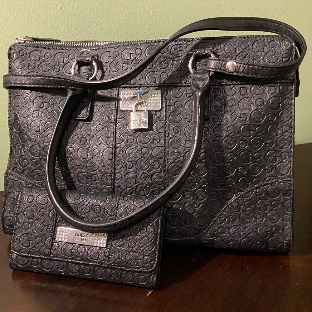 Large Black Studded Guess CarryAll and Wallet Set